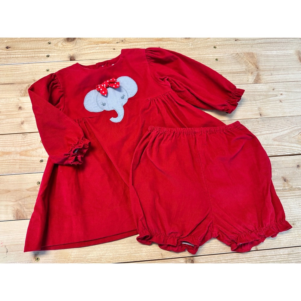 Zuccini Red Corduroy Elephant Dress and Bloomers Set 9 Months Cotton Holiday